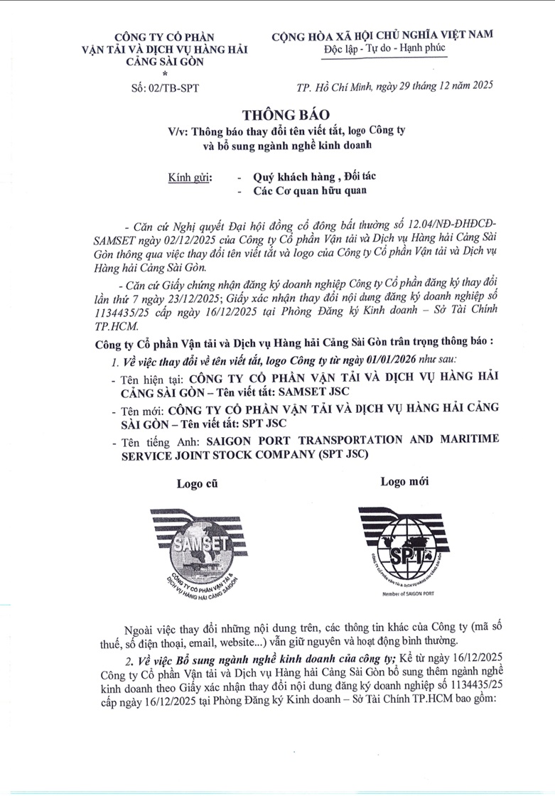 Thông báo thay đổi tên viết tắt, logo Công ty và bổ sung thêm ngành nghề kinh doanh